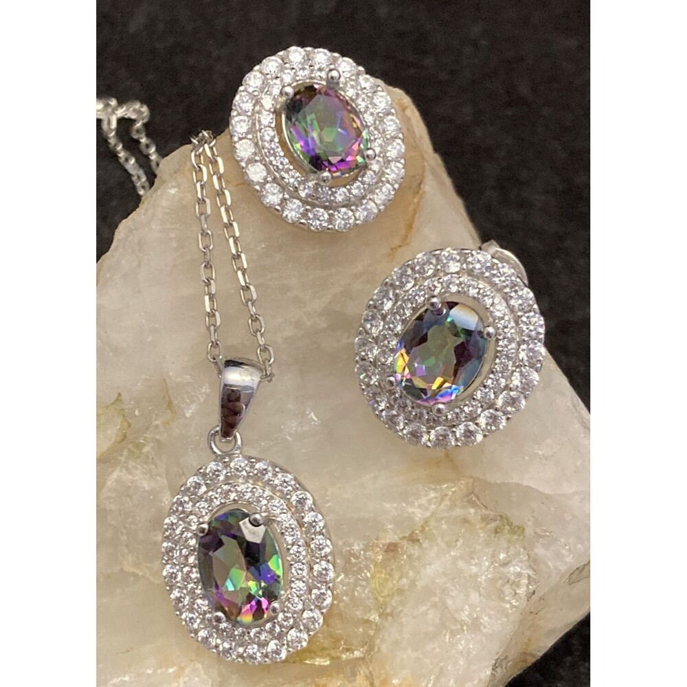VJ Signed 925 Sterling Silver Quartz & CZ 18'' Necklace & Earrings Set‎ 7.5g